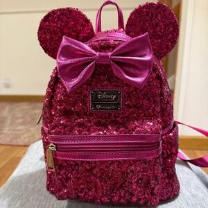 NWOT Loungfly Disney Magenta Sequin Backpack & Matching Wallet
